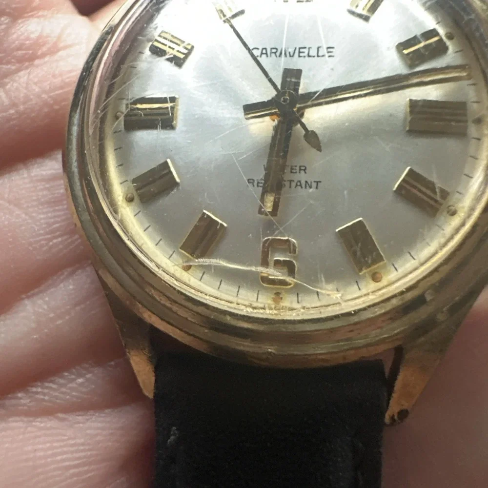 Works VTG 1970s Caravelle N1 Gold‎ Tone Mens Manual Wind 32mm Fit 7in Black Runs